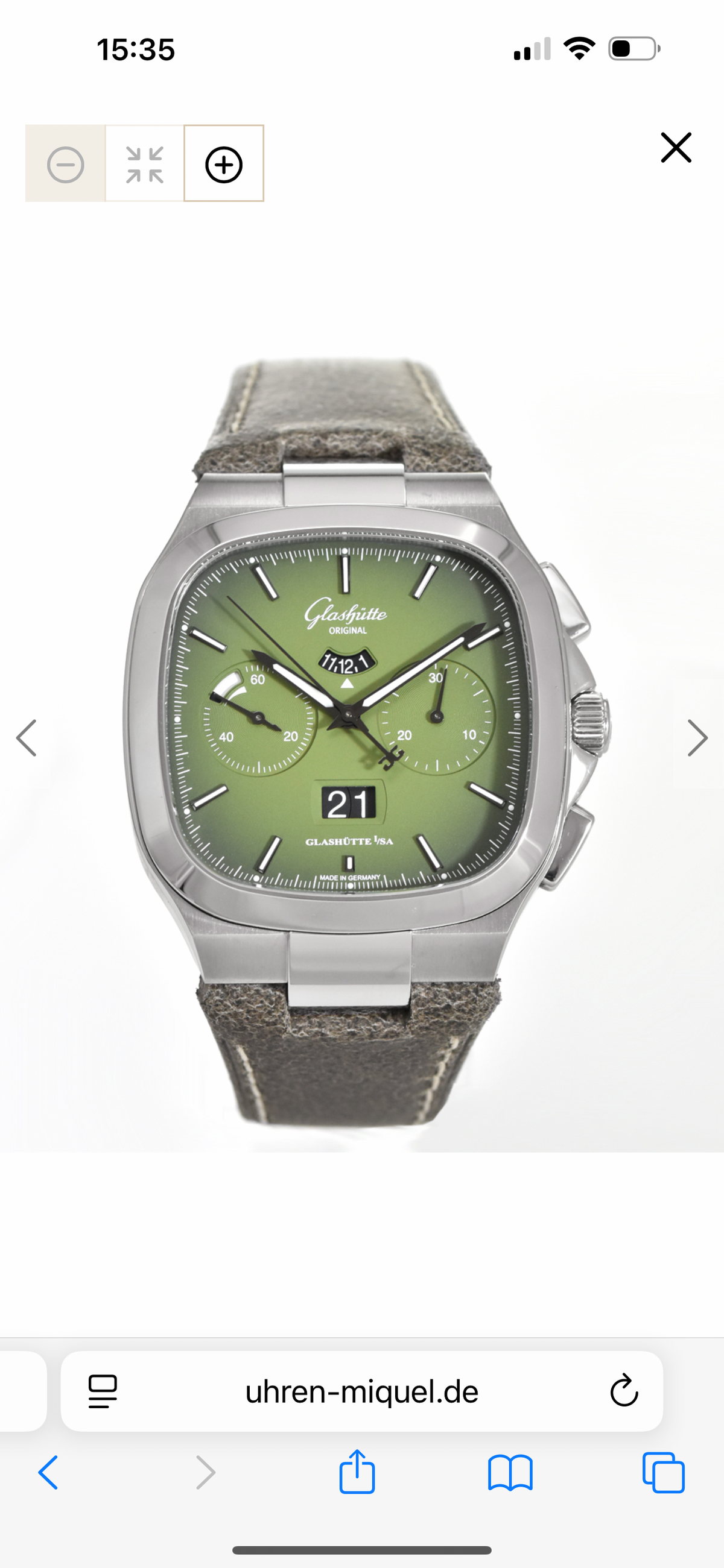 Glashütte Original Seventies Chronograph Panoramadatum 1-37-02-09-02-62 grün 40 x 40 mm Edelstahl, Automatik, mit Kalbslederband braun, Flyback-Funktion, Gangreserveanzeige, kleine Sekunde