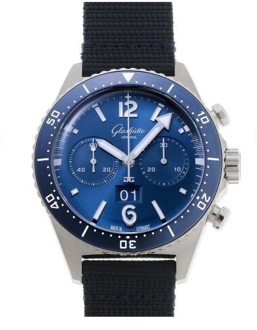Glashütte SeaQ Chronograph 13723028136 blau 43,20 mm Edelstahl, Textilband mit Faltschließe, Automatikwerk Kaliber 37-23, Datumsanzeige, Drehlünette, Saphirglas, 1-37-23-02-81-36