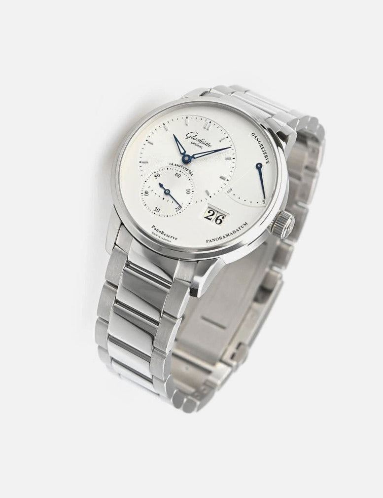 Glashütte PanoReserve silber, Edelstahl 40mm Handaufzug, Metallband mit Faltschließe Gangreserveanzeige, kleine Sekunde, Panoramadatum