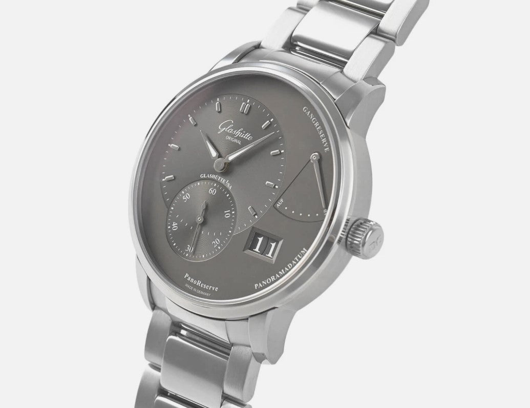 Glashütte PanoReserve 1-65-01-23-12-71 40 mm Edelstahl, grau, Handaufzug, Kaliber 65, Gangreserveanzeige, kleine Sekunde, Panoramadatum