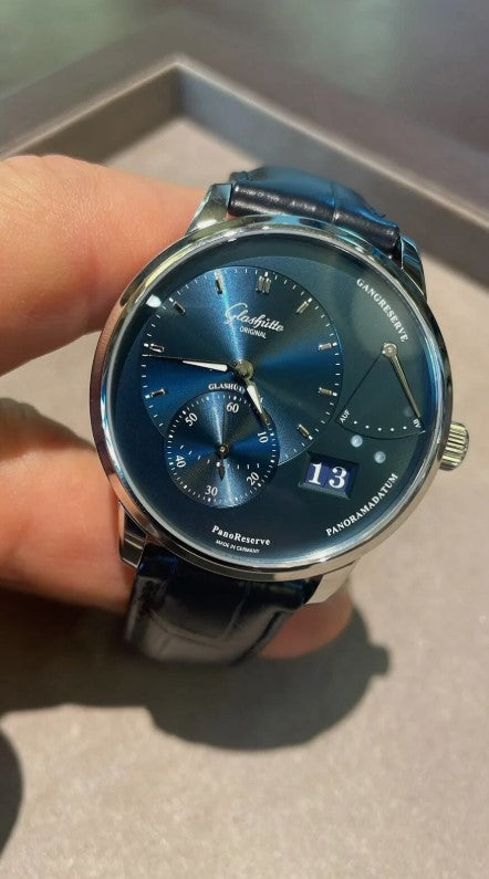 Glashütte PanoReserve 16501261261 blau 40 mm Edelstahl, Krokodilleder mit Faltschließe, Gangreserveanzeige, kleine Sekunde, Panoramadatum