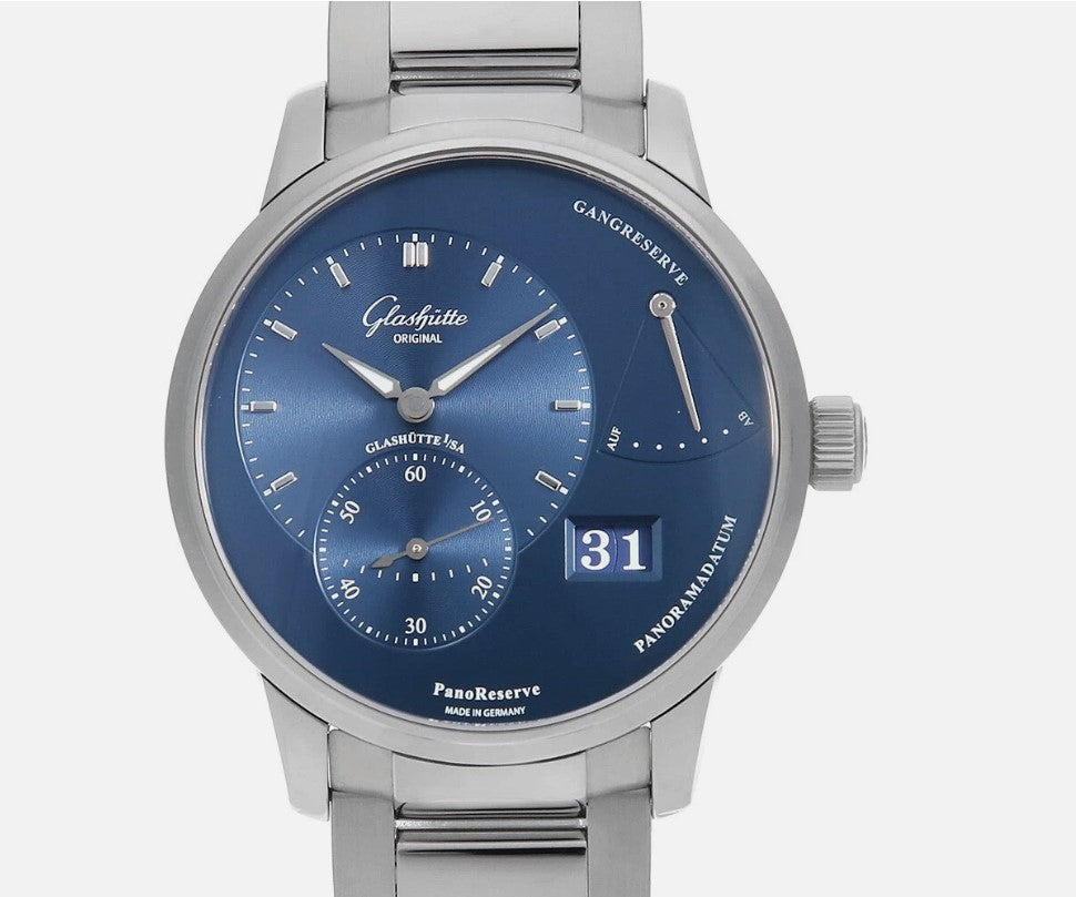 Glashütte PanoReserve 16501261271 blau, 40mm Edelstahl, mit Faltschließe Gangreserveanzeige, kleine Sekunde, Panoramadatum, 1-65-01-26-12-71