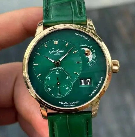 Glashütte PanoMaticLunar 19002233501 grün 40 mm Roségold Krokodilleder mit Dornschließe Saphirglas Automatikwerk Kaliber 90-02 Panoramadatum Mondphase