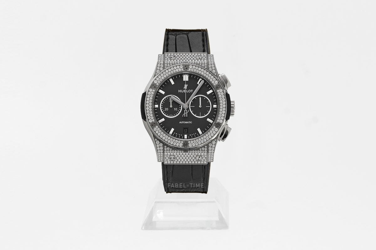 Hublot Classic Fusion Chronograph 541.NX.1171.LR.1704 Polished titanium 228 diamonds with black rubber and alligator leather strap