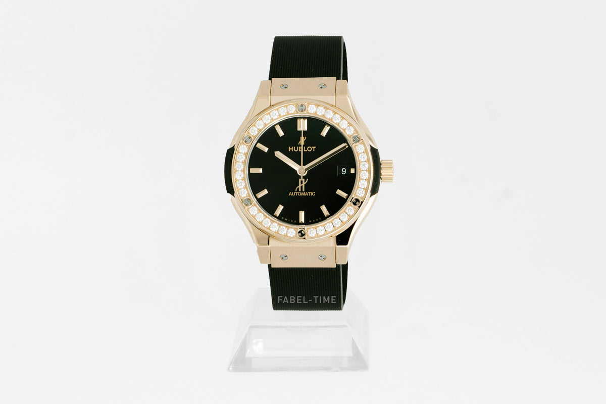 HUBLOT CLASSIC FUSION KING GOLD DIAMONDS 38mm 565.OX.1480.RX.1204 ladies watch automatic movement, black rubber