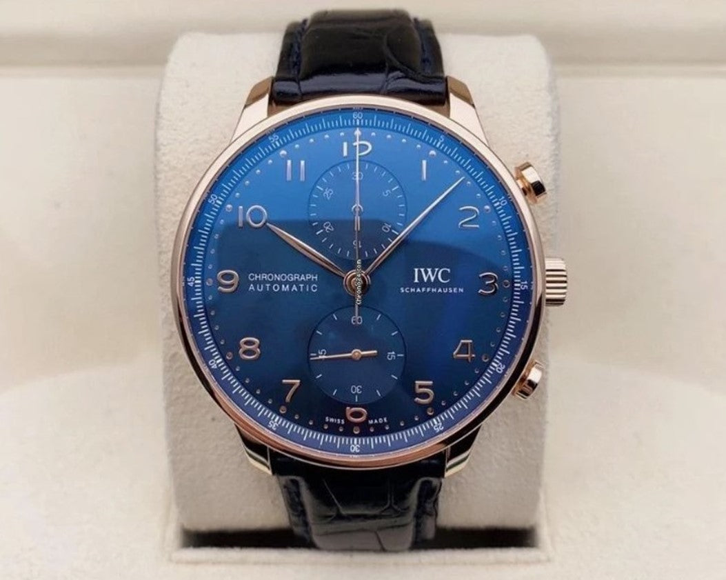 IWC Chronograph Boutique Edition Portugieser Automatic, 41 mm 18 kt red gold, IW371614 with blue alligator leather strap