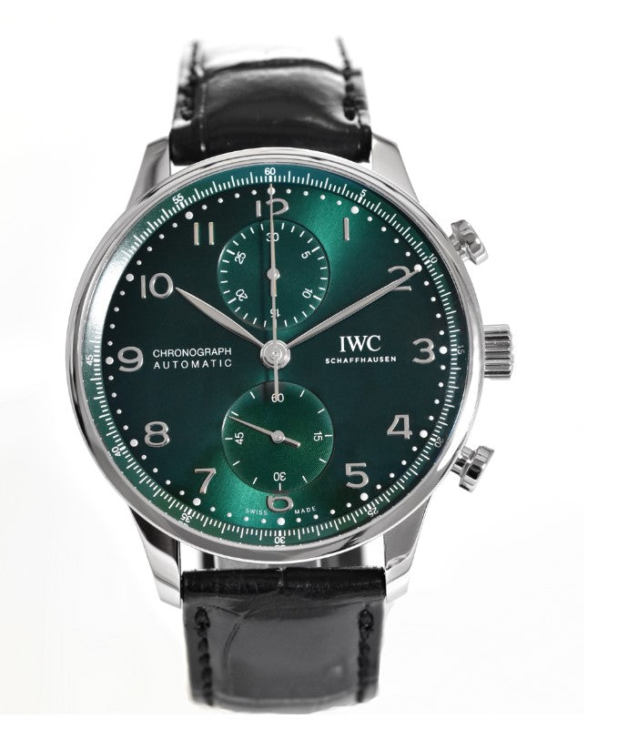 IWC Portugieser Chronograph Automatic 41 mm steel IW371615 green with black alligator leather strap