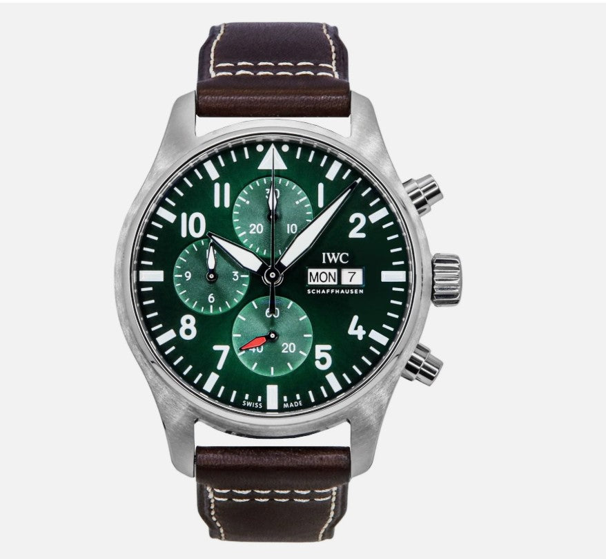 IWC PILOT'S WATCH CHRONOGRAPH Automatic 43 mm steel IW378005 green with brown calfskin strap EasX-CHANGE® replacement system