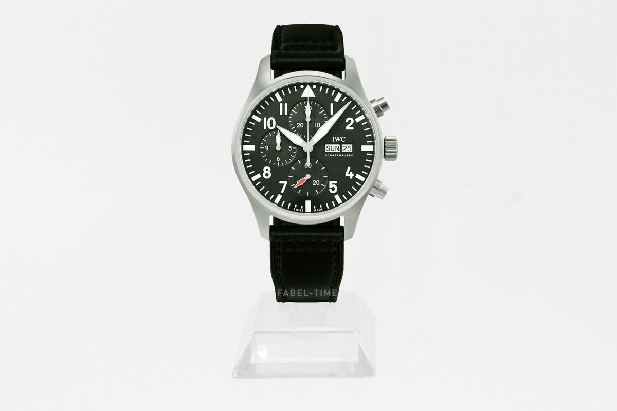 IWC Chronograph Pilot's Automatic IW378001 steel 43 mm black with Black calfskin strap EasX-CHANGE® replacement system