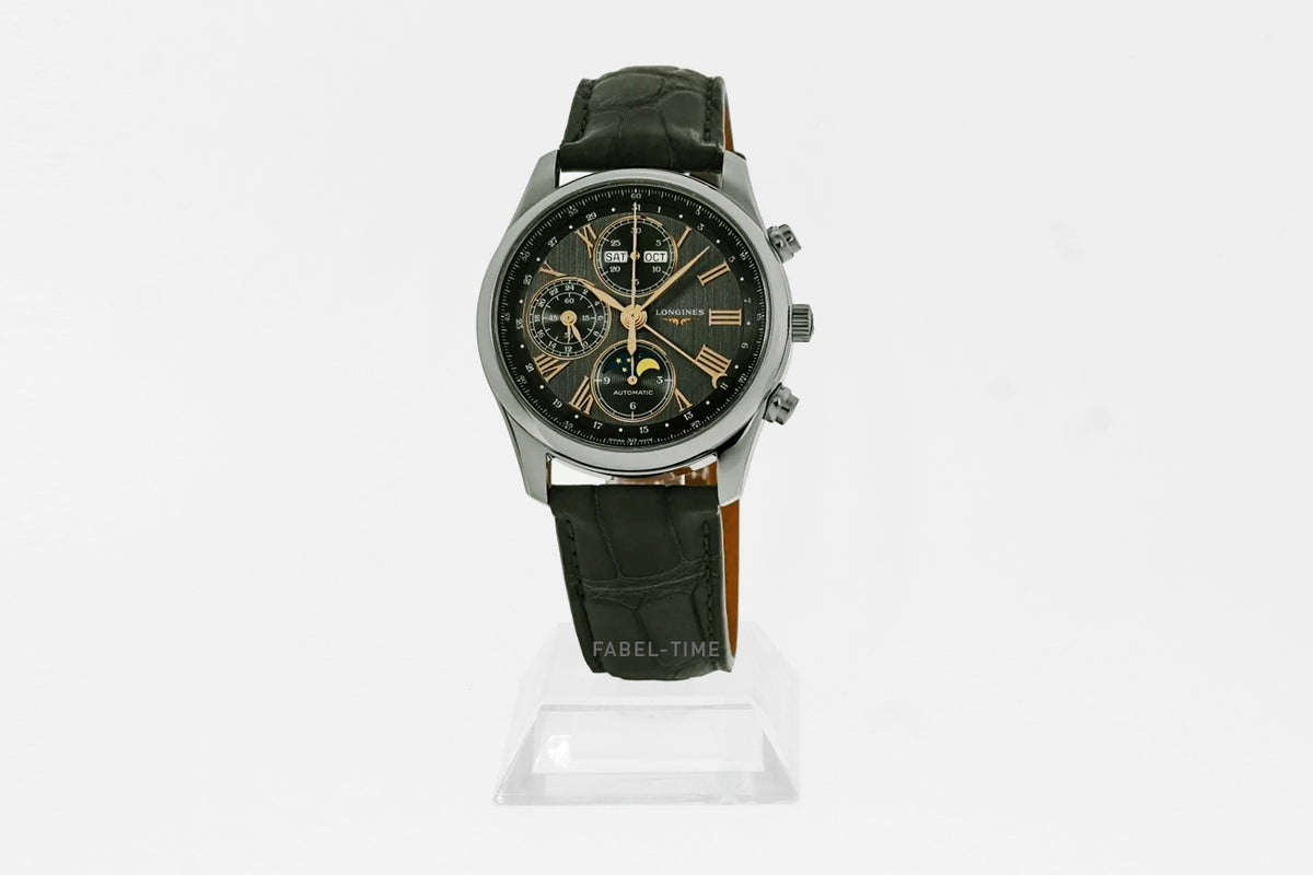 LONGINES MASTER COLLECTION CHRONO MOONPHASE L26734612 Automatik 40 mm Edelstahl, Anthrazit, Alligatorlederarmband grau L2.673.4.61.2