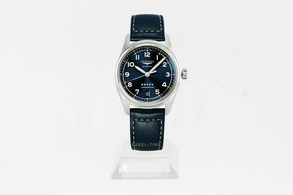 LONGINES SPIRIT L34104930 Automatik, 37 mm Edelstahl, Lederarmband, Blau mit "Sonnenstrahl" Dekor L3.410.4.93.0