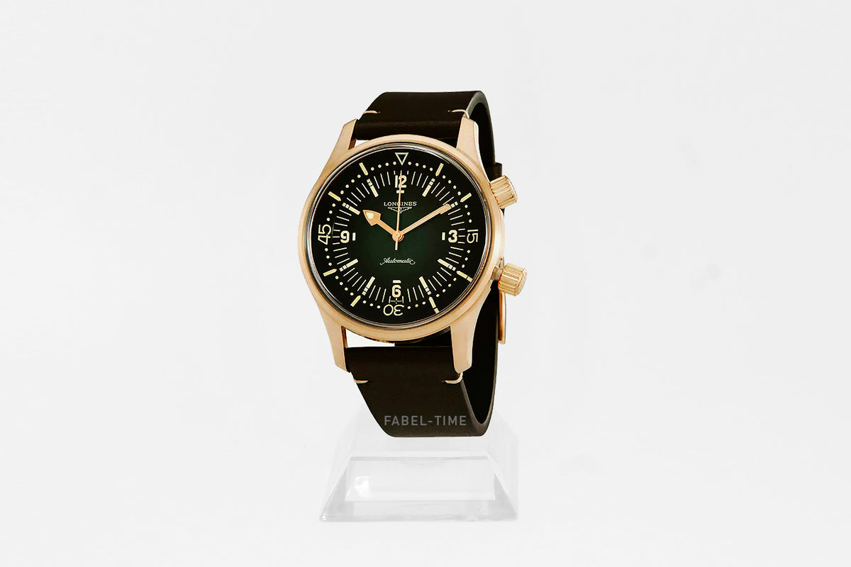 LONGINES LEGEND DIVER BRONZE L37741502 Automatik 42 mm Gehäuseboden aus Bronze mit Titan grün, braunes Lederarmband L3.774.1.50.2