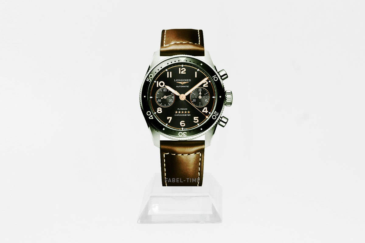 LONGINES SPIRIT FLYBACK L38214532 Automatik 42 mm Edelstahl und Keramik Lünette, Schwarz, Lederarmband braun L3.821.4.53.2