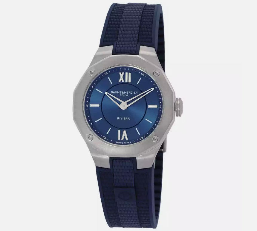 Baume & Mercier Riviera 10689 Quarzuhr, 36 mm Stahl Zwölfeckig, Kautschuk, Blau-Blau, MOA10689