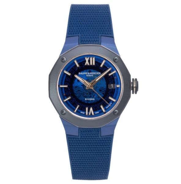 Baume & Mercier Riviera Automatik 42 mm Stahl Zwölfeckig, 10769 Herrenuhr mit blauem Zifferblatt und Kautschukarmband 10769