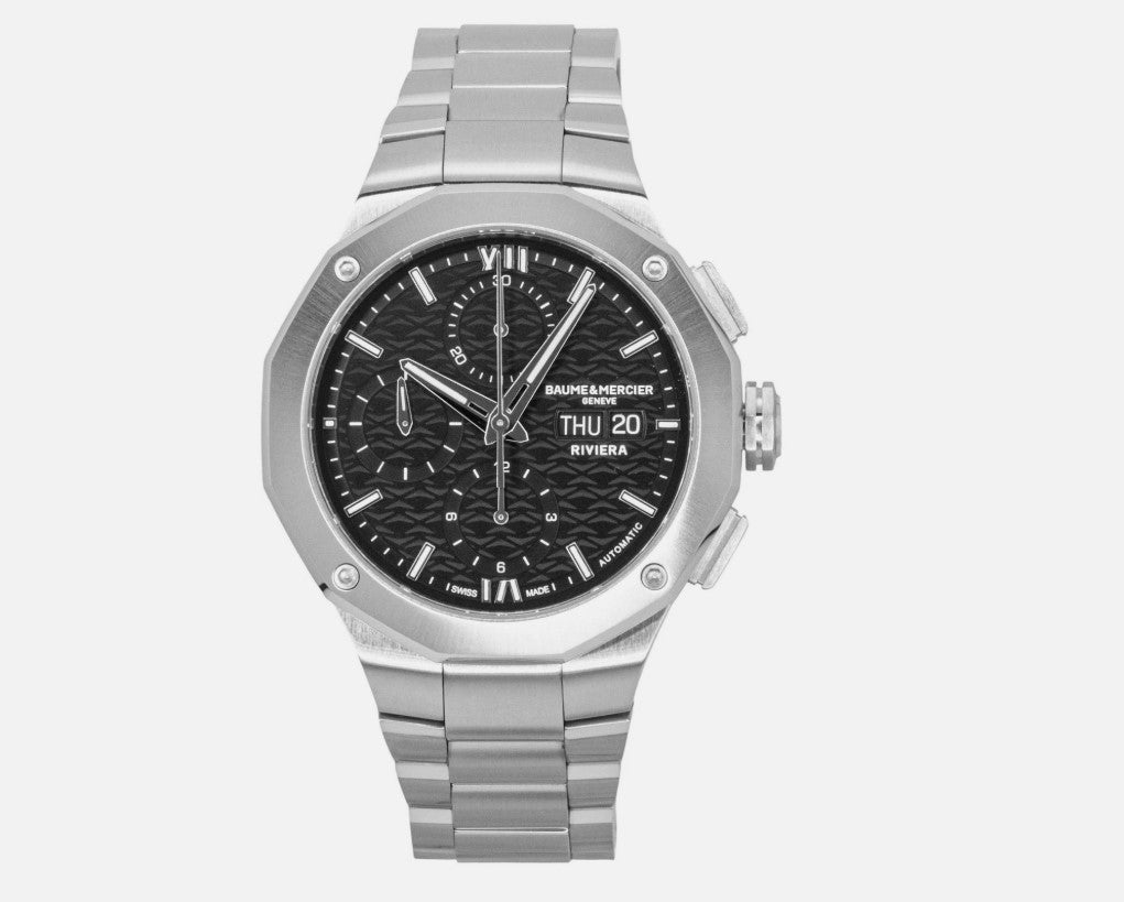 Baume & Mercier Riviera 10825 Automatikuhr, Chronograph, 41 mm Stahl Zwölfeckig, Schwarz, Sunray MOA10825