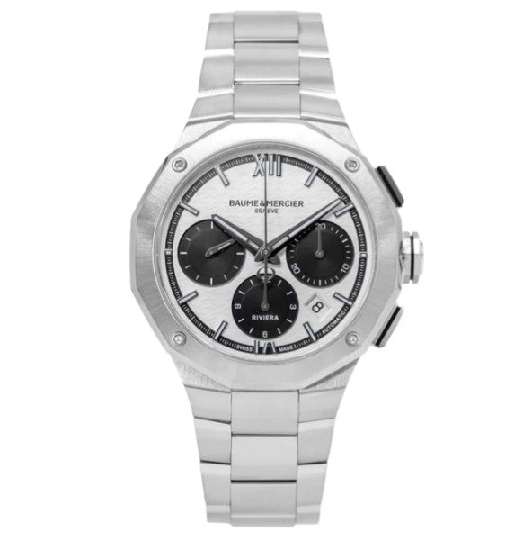 Baume & Mercier Riviera 10827 Automatikuhr, Chronograph, 41 mm Stahl Zwölfeckig, silber Argent noir, Sunray, MOA10827