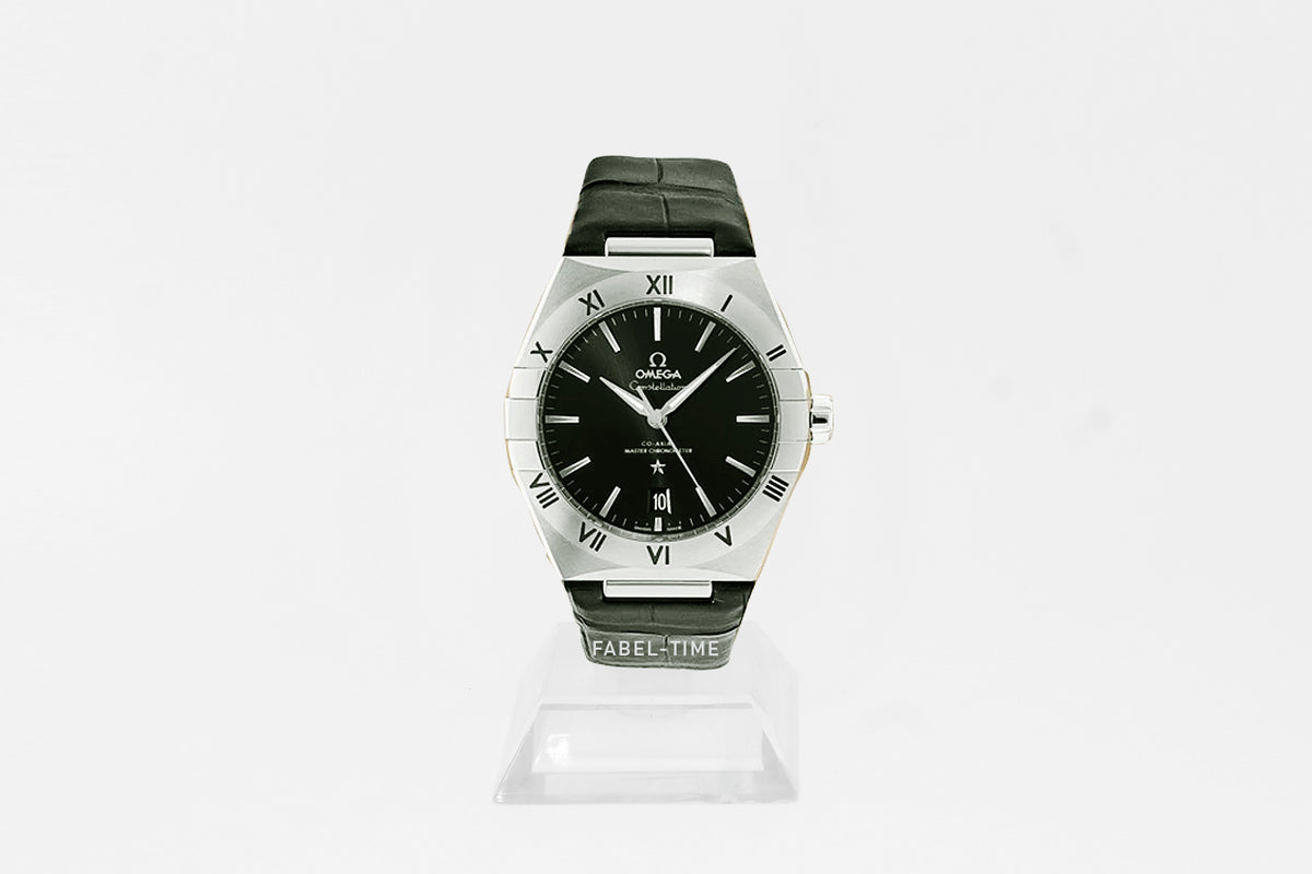 Omega Constellation schwarz 39 mm, Stahl mit Lederarmband 131.13.39.20.01.001