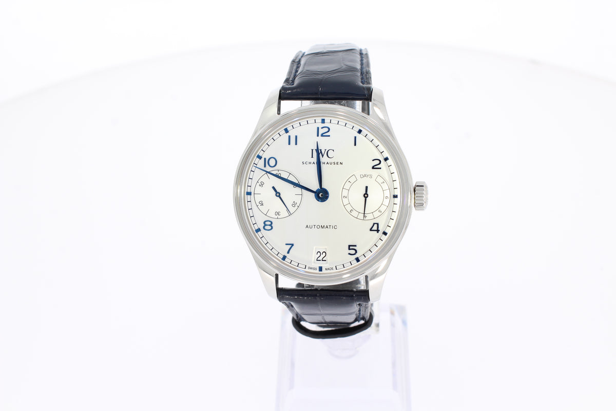 IWC Portugieser Automatic 42 silver IW501702 steel 42.4 mm with blue alligator leather strap