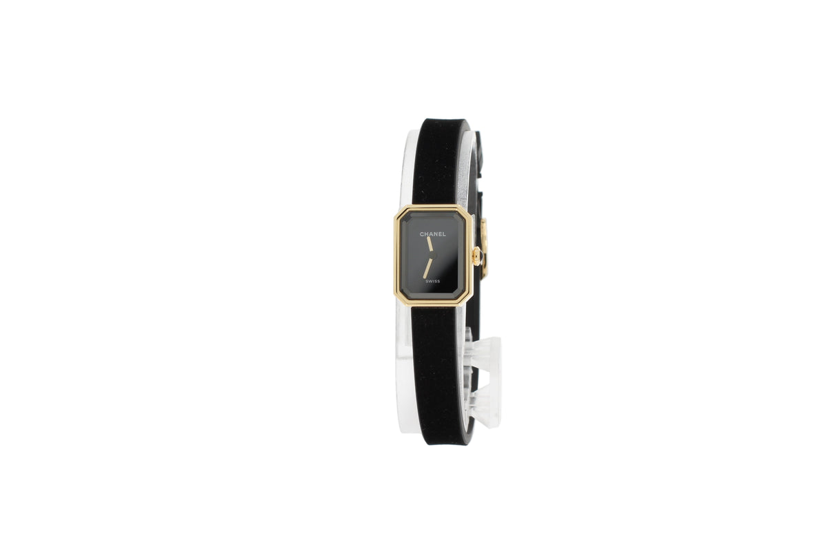 Chanel Première Ruban Uhr Gelbgold und Titan, samtweicher schwarzer Kautschuk, schwarz lackiertes Zifferblatt H6125