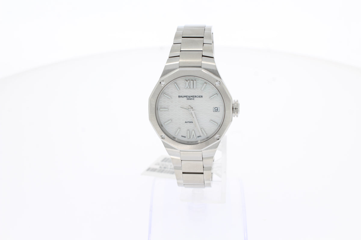 Baume & Mercier Riviera 10676 Automatikuhr 33 mm Datumsanzeige, Diamantenbesatz, Weißes Perlmutt