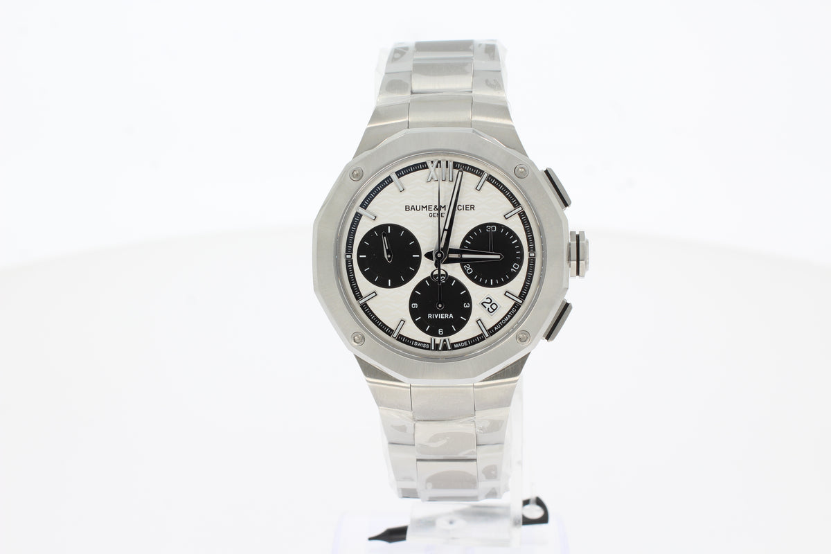 Baume & Mercier Riviera 10827 Automatikuhr, Chronograph, 41 mm Stahl Zwölfeckig, silber Argent noir, Sunray, MOA10827