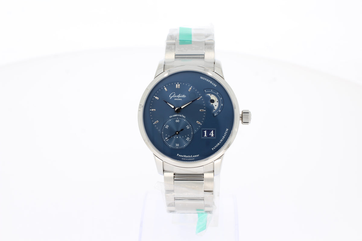 Glashütte PanoMaticLunar blau Edelstahl 40 mm Automatik, Metallband mit Faltschließe, 19002463271 kleine Sekunde, Mondphase, Panoramadatum 1-90-02-46-32-71