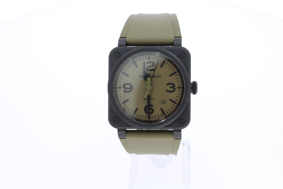 Bell & Ross NEW BR 03 MILITARY BR03A-MIL-CE/SRB CERAMIC 41 x 10,60 mm, Khakifarben, Kautschuk Ziffernblatt