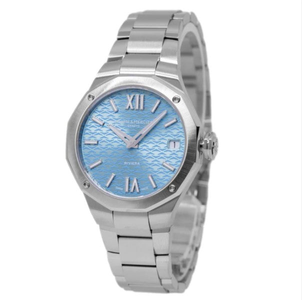 Baume & Mercier Riviera 10811 Quarzuhr, 33 mm Stahl Zwölfeckig, hellblaues Zifferblatt, Datumsanzeige, MOA10811