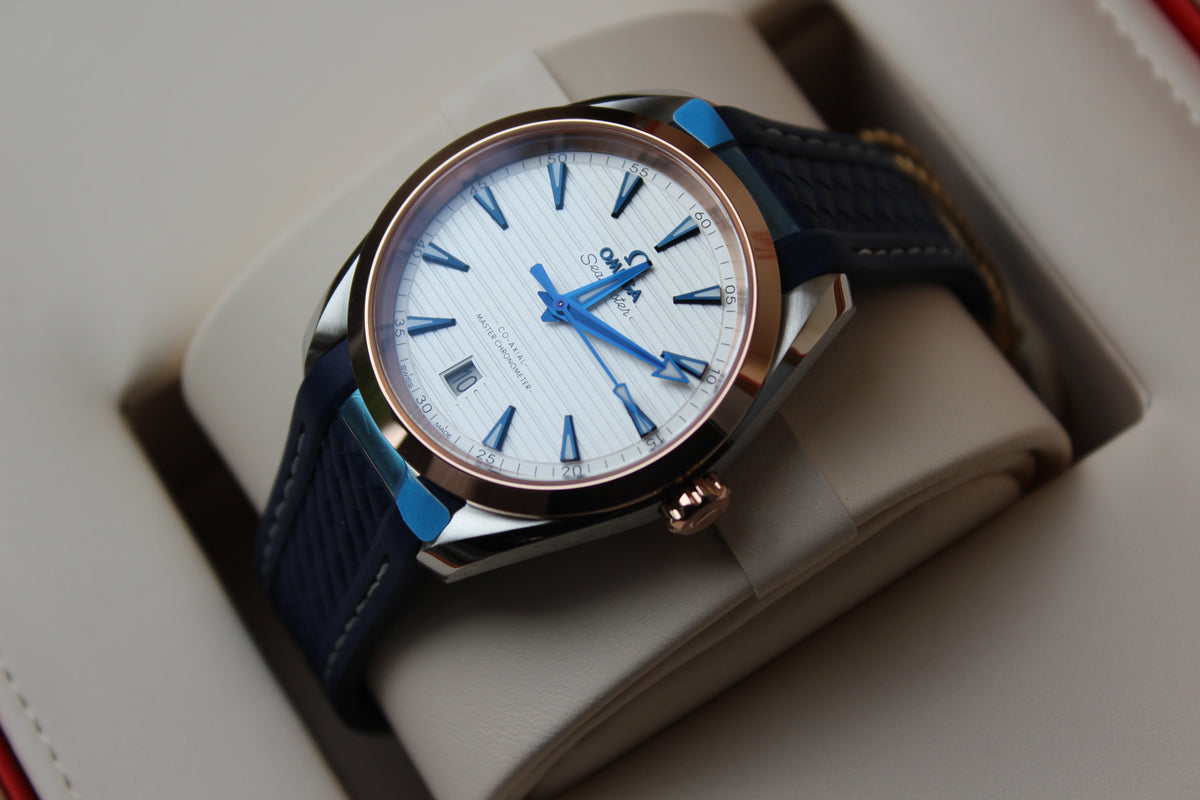 Omega Seamaster AQUA TERRA 150 M CO‑AXIAL MASTER CHRONOMETER 220.22.38.20.02.001 silver 38mm gold/steel, blue rubber strap