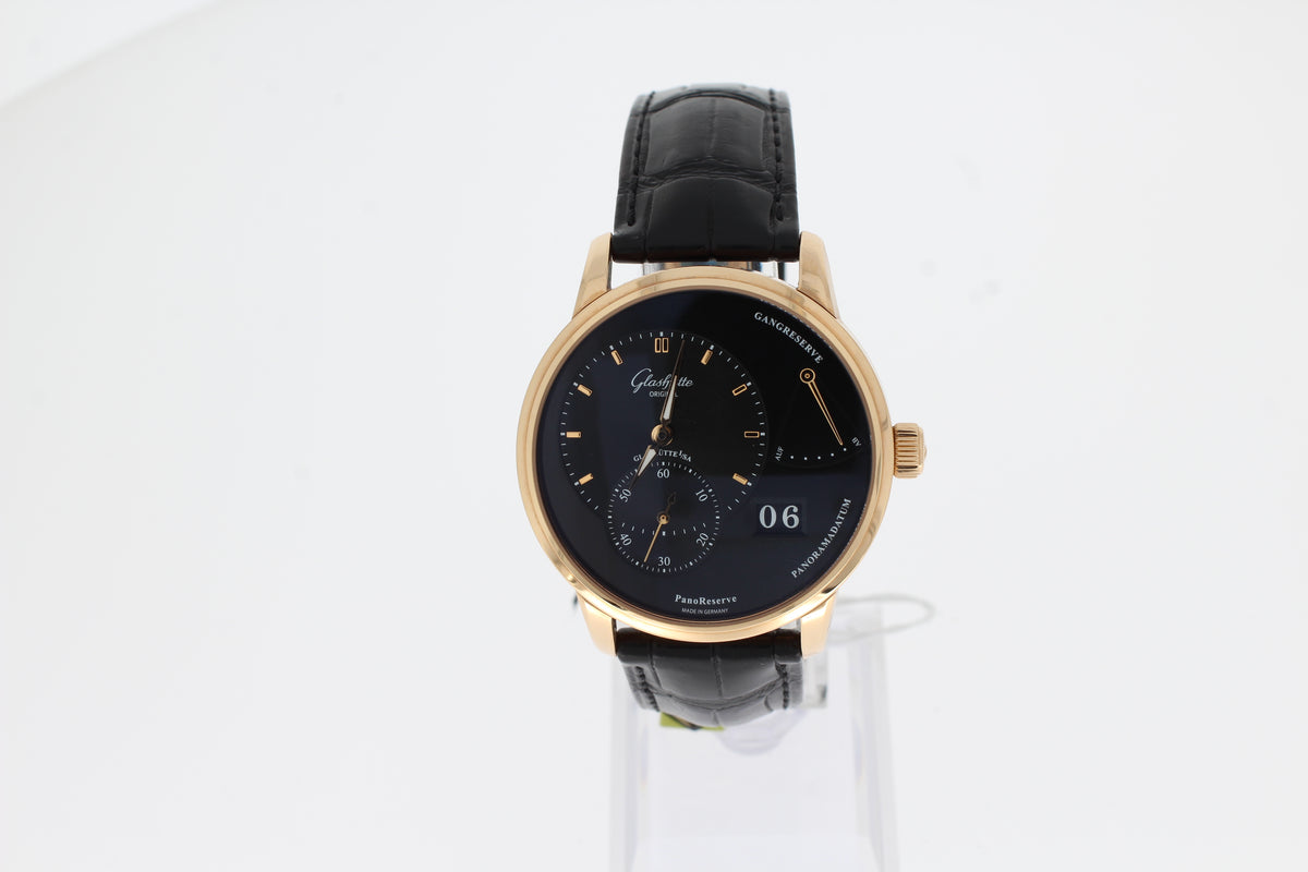 Glashütte Original PanoReserve 40 mm Rotgold Handaufzug schwarz Alligator-Lederband 1-65-01-29-15-61 16501291561