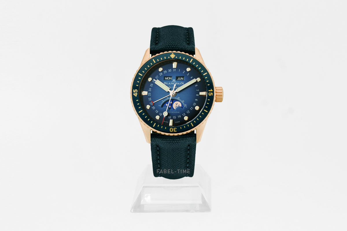 Blancpain Fifty Fathoms Bathyscaphe Quantième Complet Phases 5054 3640 O52B blau Automatik 43 mm Roségold Herrenuhr