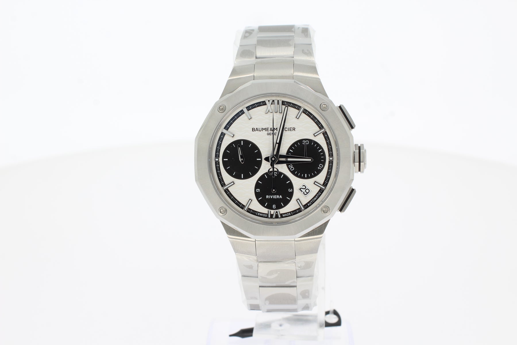 Baume & Mercier Riviera 10827 Automatikuhr, Chronograph, 41 mm Stahl Zwölfeckig, silber Argent noir, Sunray, MOA10827