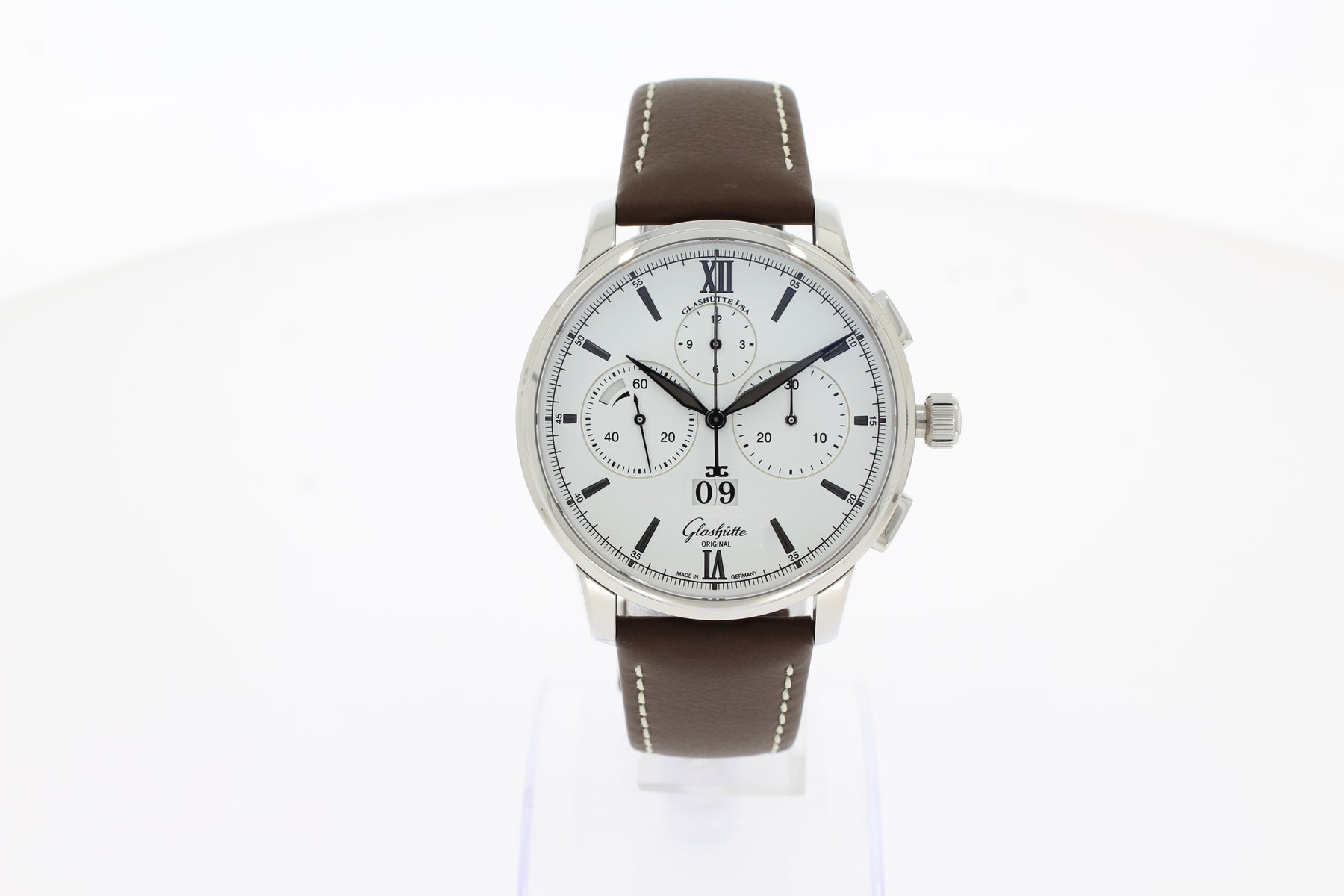 Glashütte Original Senator Chronograph Panoramadatum 42 mm  Edelstahl Automatik weiß, Kalbslederband braun 13701050235