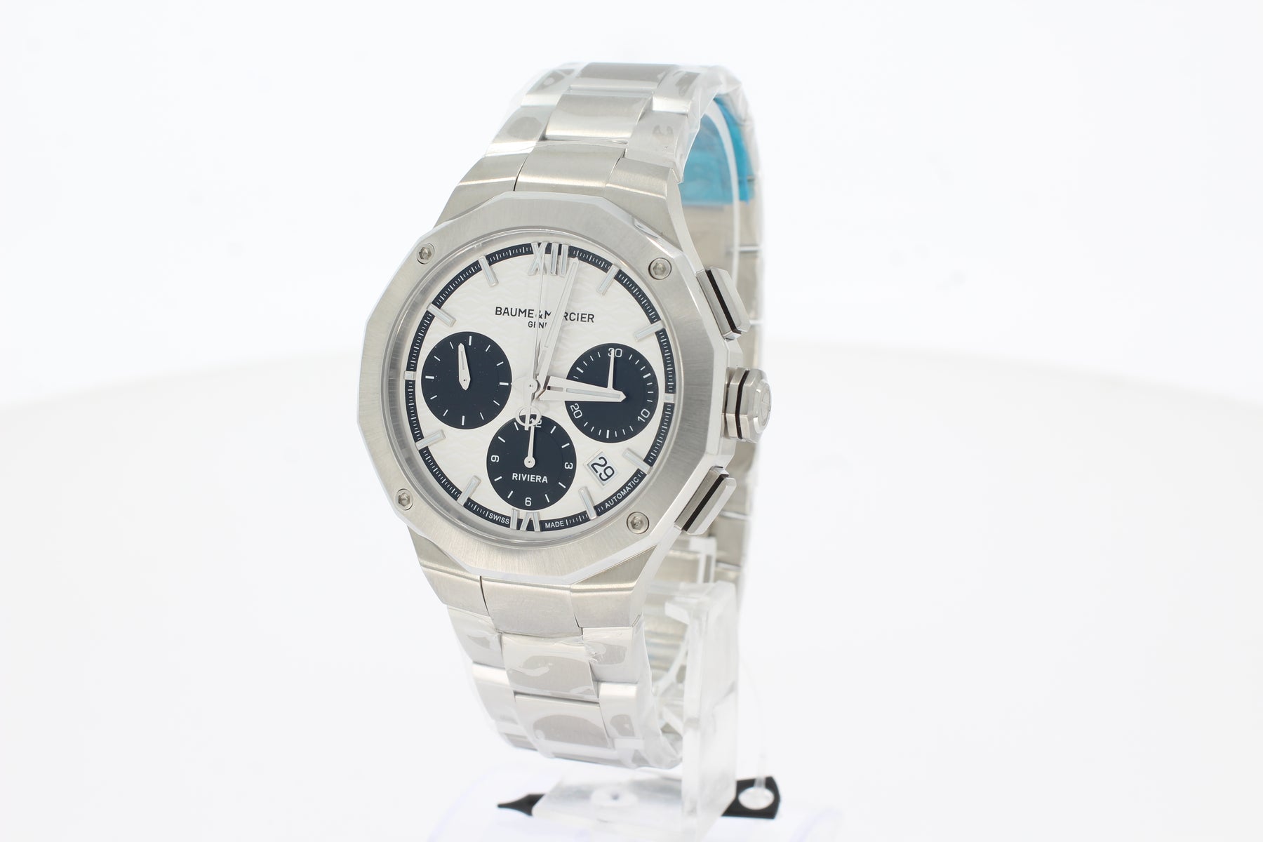 Baume & Mercier Riviera 10827 Automatikuhr, Chronograph, 41 mm Stahl Zwölfeckig, silber Argent noir, Sunray, MOA10827