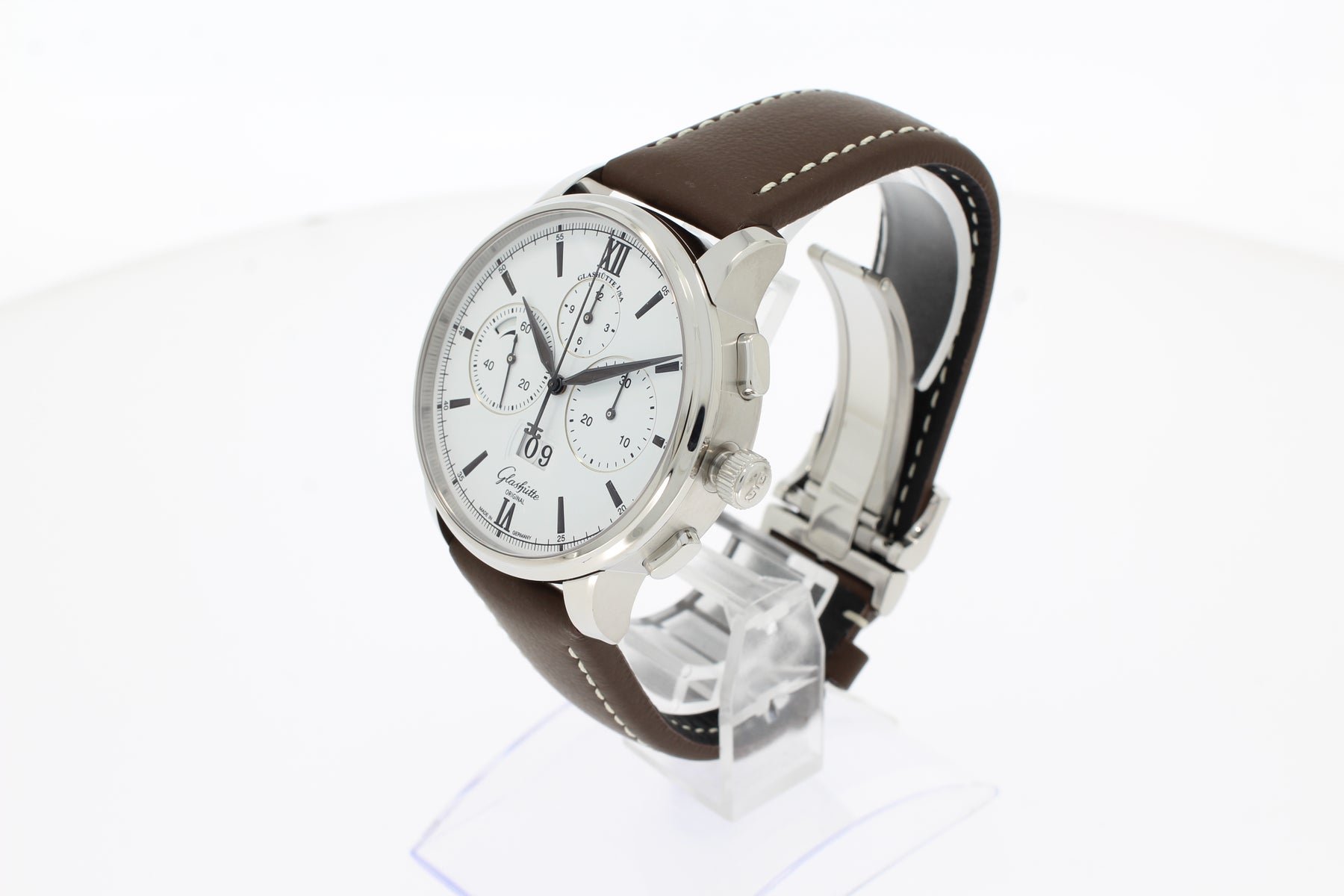 Glashütte Original Senator Chronograph Panoramadatum 42 mm  Edelstahl Automatik weiß, Kalbslederband braun 13701050235