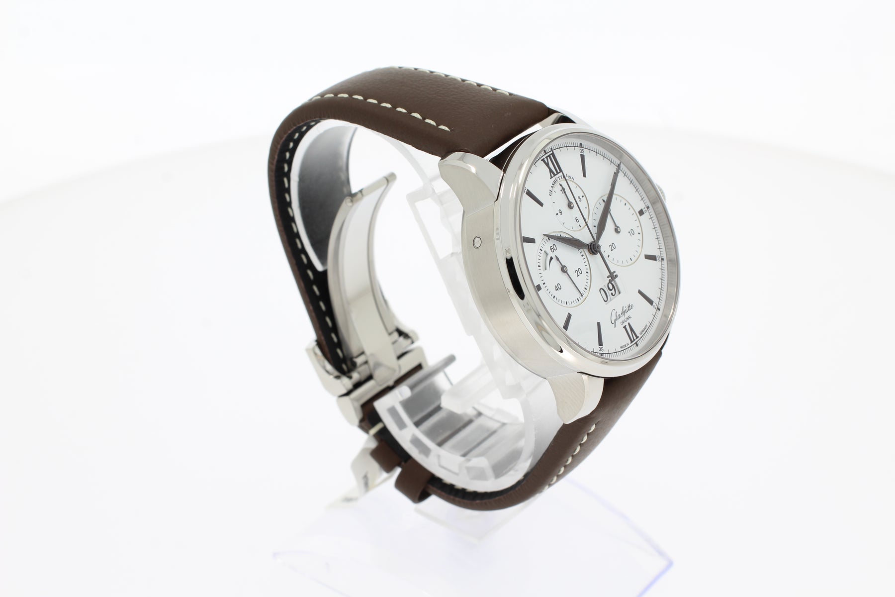 Glashütte Original Senator Chronograph Panoramadatum 42 mm  Edelstahl Automatik weiß, Kalbslederband braun 13701050235