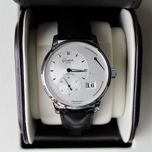 Glashütte Original PanoReserve 1-65-01-22-12-61 (previously 1-65-01-22-12-04) silver 40mm stainless steel, hand-wound movement, Louisiana alligator leather strap