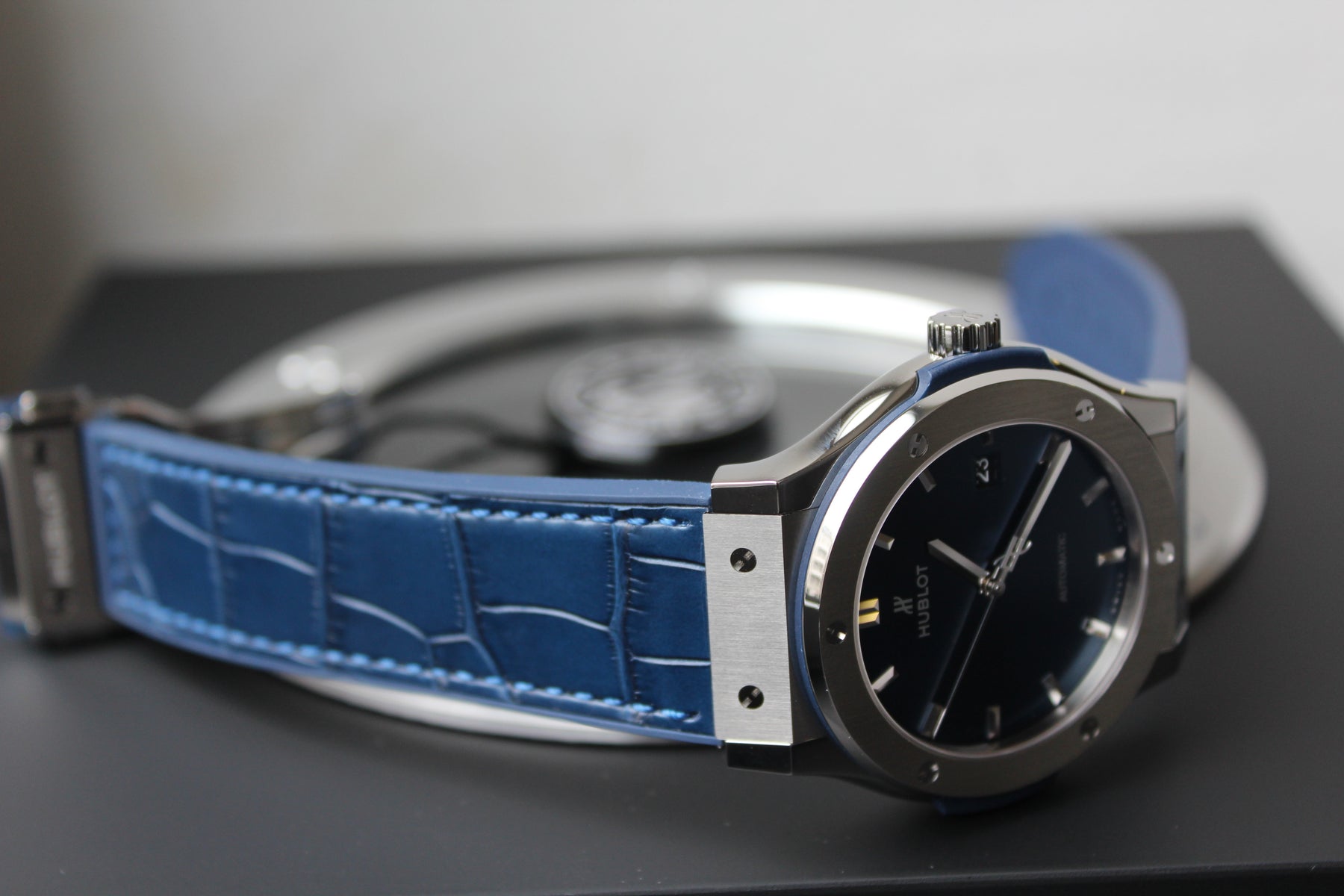 HUBLOT Classic Fusion Titanium Blue Titanium 42mm 542.NX.7170.LR titanium automatic men s watch blue strap rubber crocodile leather