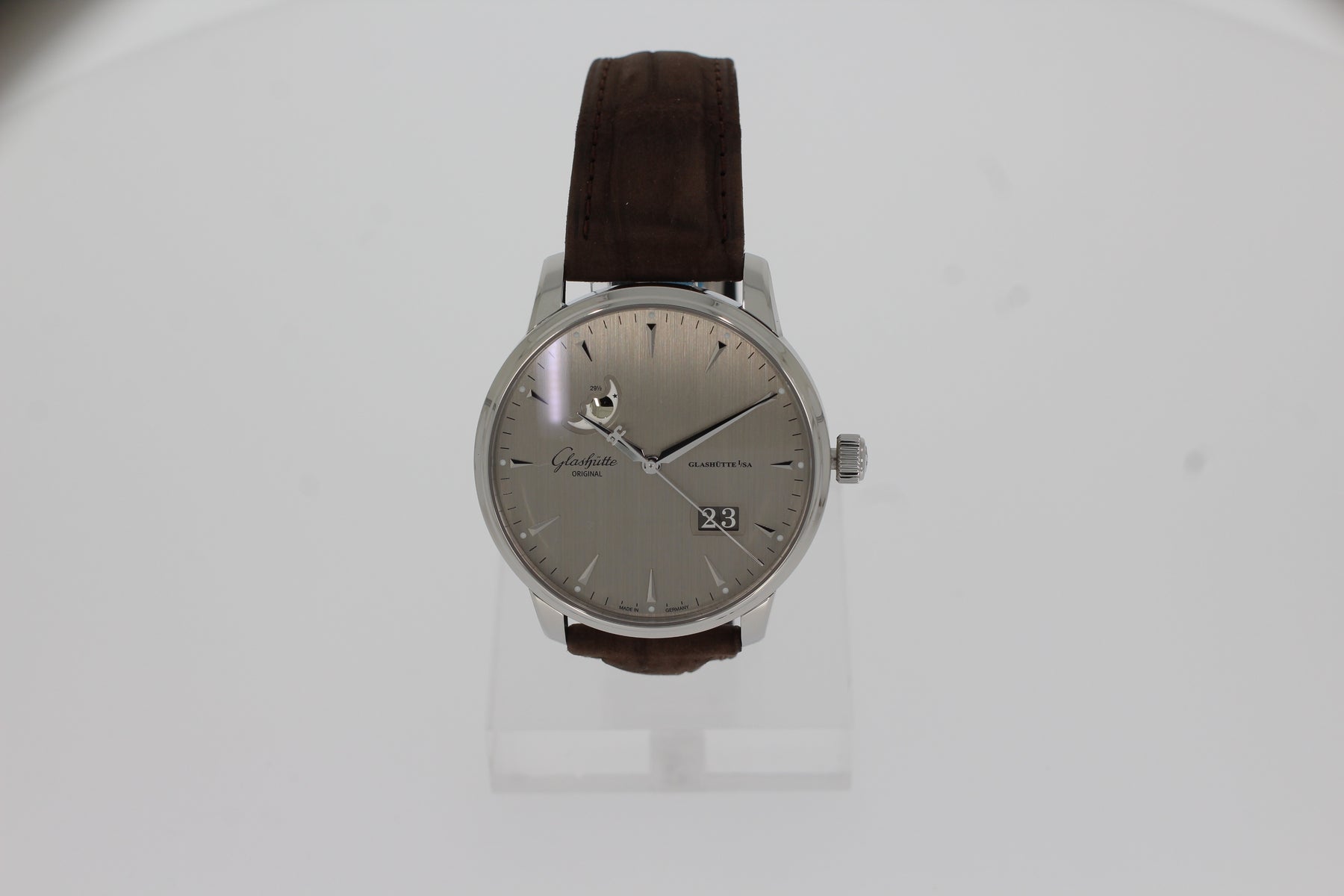 Glashütte Original Senator Excellence Panorama Date Moon Phase 1-36-04-03-02-31 gray 42mm, steel, automatic movement caliber 36-04, moon phase, panorama date, brown Louisiana alligator nubuck leather strap